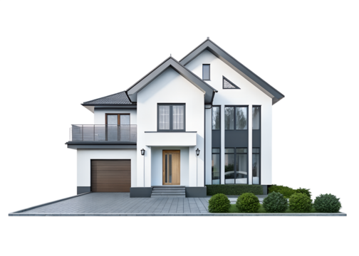 Modern house with garden png, isolated on white on transparent background, simple home suburban home hd