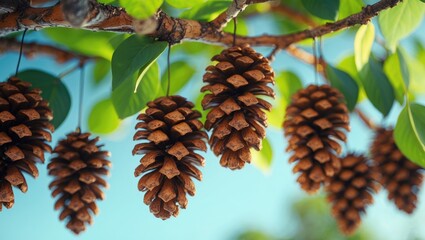 Pine cones hanging from a branch with green leaves in the background.