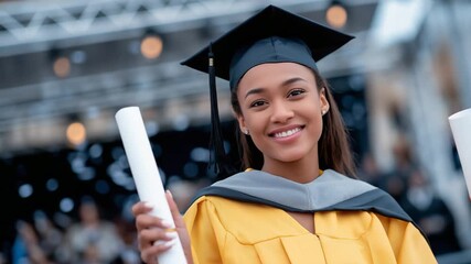 Joyful graduate celebrates with diploma and confetti at campus ceremony.