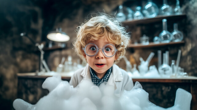 Child wearing oversized glasses is excitedly observing bubbling experiment in laboratory with tools and glassware around. Concept of education, science, childhood wonder - Powered by Adobe