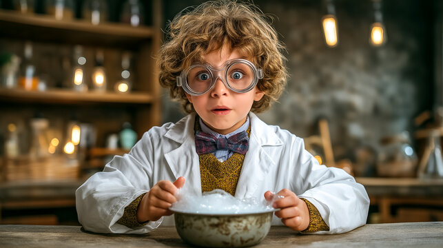 Boy with curly hair wearing glasses and lab coat reacts to bubbling potion in metal bowl. Vintage science lab filled with jars and equipment - Powered by Adobe