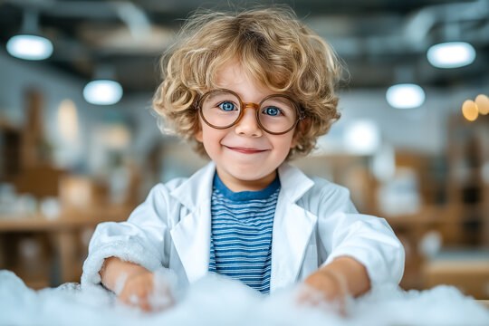 Curly-haired boy wearing glasses smiles at camera while playing with bubbles. Bright indoor setting with wooden furniture and lab equipment. Concept of education, science, children's activities