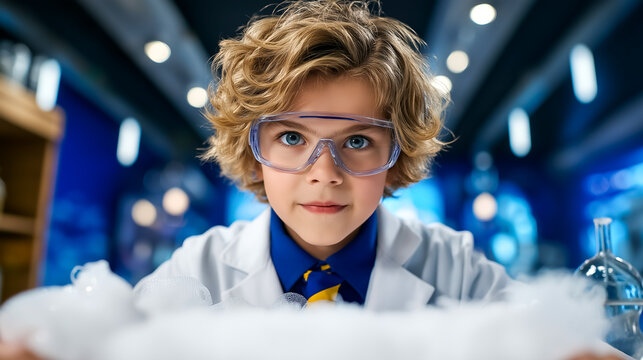 Boy in safety goggles looks intently at colorful chemical reactions happening in a lab. Bright workspace filled with glassware and science tools. Concept of education, innovation, science
