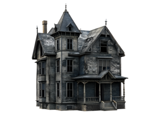 A dilapidated, haunted house with a dark, eerie appearance, featuring broken windows and a weathered facade.