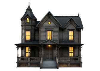 Dark haunted Victorian house with glowing windows, eerie old mansion for horror, Halloween, mystery, and spooky ghost stories isolated on transparent 