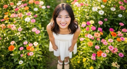 Fototapeta premium A young woman standing in a vibrant flower garden, wearing a white dress, with a joyful expression on her face.