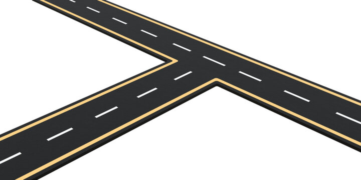 Straight road splitting into two directions at a crossroad isolated. Straight asphalt road splitting into two different directions forming a three way intersection on isolated background.