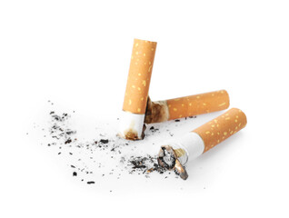 Cigarette butts with ash isolated on white