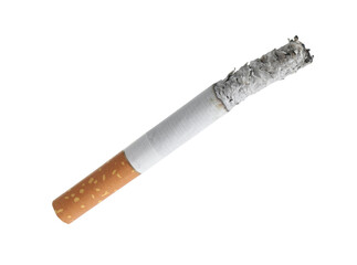 Cigarette butt with ash isolated on white