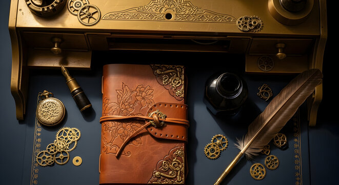 Elegant Steampunk Still Life Featuring Ornate Desk and Vintage Writing Implements