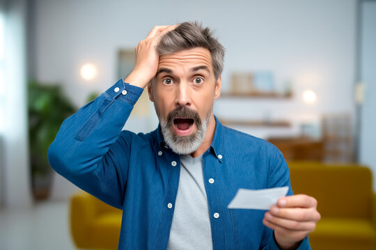 Man holding a paper looks shocked with hands on head. Bright interior with cozy furniture and soft lighting. Concept of financial services, surprises, home living - Powered by Adobe