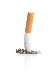 Cigarette butt with ash isolated on white