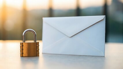 Envelope block locked by digital padlock — secure message and communication
