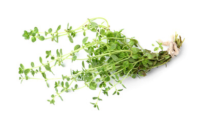 Obraz premium Twigs of fresh green thyme isolated on white, top view