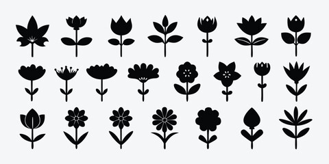 Stylized black flower silhouettes on white background