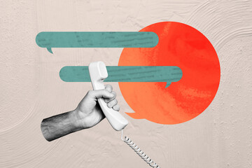Banner full art image poster collage of hand hold telephone handset telemarketing communication...