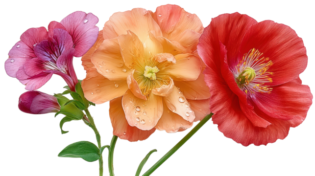 Poppy Dahlia and Geranium vivid trio showcasing layered petals and contrasting shades in close‑up, with transparent background
