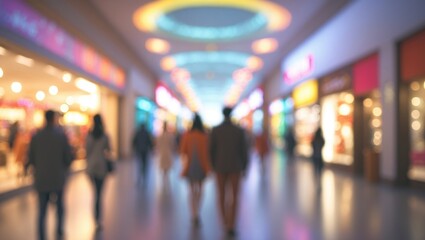 Fototapeta premium A blurry image of people walking in a shopping mall corridor with colorful ceiling lights and storefronts.