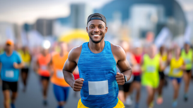 Man running joyfully in vibrant running attire during urban marathon. Cityscape backdrop enhances lively atmosphere of event. Concept of fitness, sports events, community engagement - Powered by Adobe