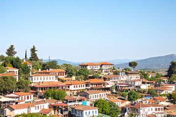Obraz premium Sirince old Greek village. Famous tourist destination in Izmir. Traditional architectural structures, houses. Travel idea concept. 