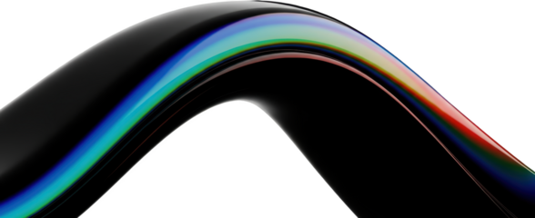 Glossy black curved shape with iridescent rainbow refraction abstract gradient transparent background transparent background