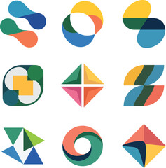 Collection of colorful abstract geometric shapes and logos for branding and design purposes