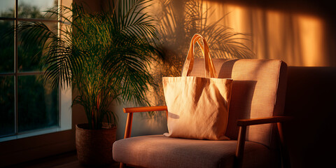 Fototapeta premium Elegant canvas tote bag on a cozy armchair in warm golden light