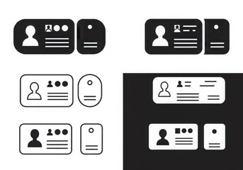A set of four black and white id card icons are displayed with a clean and modern