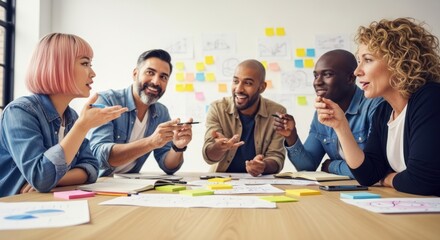 A group of five people engaged in a discussion at a table in a casual office setting.