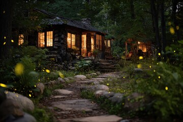 Rustic cabin illuminated at dusk, fireflies flickering. Scenic, serene retreat