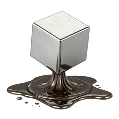 A shiny metal cube melts in artistic isolation showcasing abstract change in a minimalist surreal composition on a stark