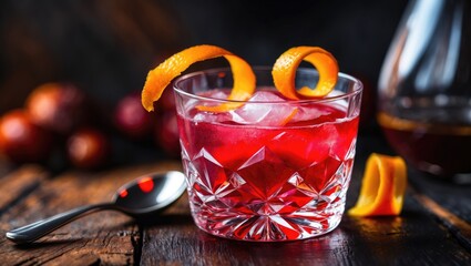 A glass of red cocktail garnished with orange peels, on a rustic wooden surface with a spoon and blurred fruits in the background.