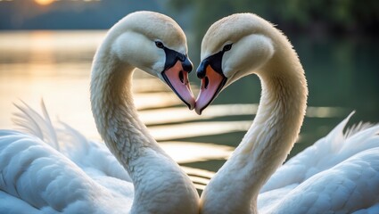 Fototapeta premium Two swans forming a heart shape with their necks on a lake at sunset. Wildlife and nature, romantic and peaceful scene. The beauty of swans and water.