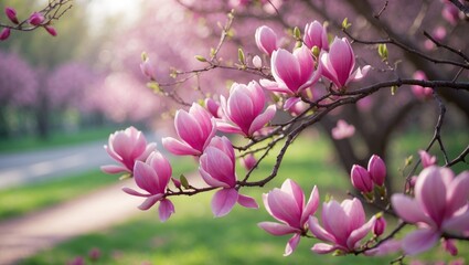 Fototapeta premium Pink magnolia blossoms on a tree branch in spring with a blurred background of greenery and a pathway.