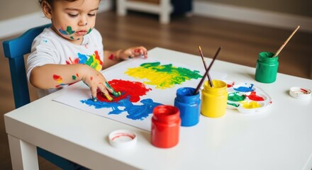 A young child painting with colorful paints on a white table.