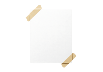 Blank vertical white paper sheet taped with adhesive tape. Isolated on transparent background, png