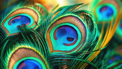 Obraz premium Colorful peacock feathers with vibrant blue, green, and gold hues, showcasing intricate patterns and eye-like designs.