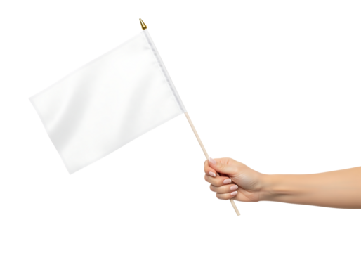 Hand holding a small blank white flag for mockup. Isolated on transparent background, png