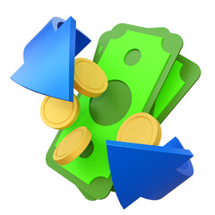 Money bills and gold coins with arrow, cashback concept on isolated background. Currency exchange illustration. Concept of currency exchange or cashback. Money conversion concept. Money savings.