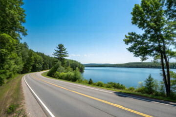Serene summer road by peaceful lake with lush greenery and clear sky.