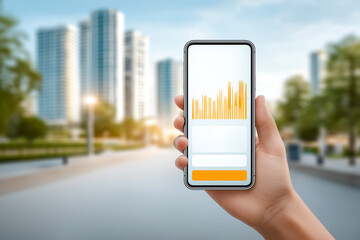Hand holding smartphone showing vibrant analytics data on screen. Urban landscape with modern buildings as backdrop, conveying innovation and technology use
