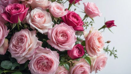 Fototapeta premium A bouquet of pink and dark pink roses with green leaves.
