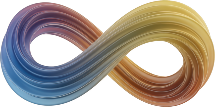 Abstract metallic infinity symbol with a smooth gradient of blue purple and gold colors isolate