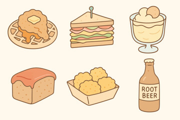 Hand-drawn pastel icon set of American diner food. Ideal for UI kits, fair branding, and fun food-themed designs with a soft and playful aesthetic.