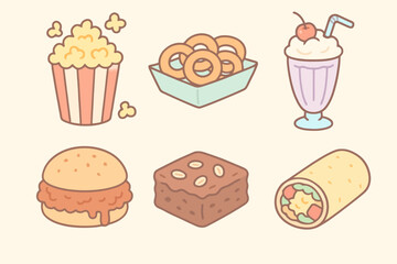 Cute cartoon food icons of American snacks: popcorn, onion rings, milkshake, sloppy joe, brownie, and breakfast burrito. Hand-drawn with pastel colors.