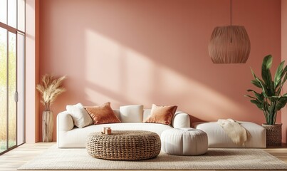 modern living room interior with peach-colored walls and accents, soft light, cozy minimal furniture, trendy color of 2025 