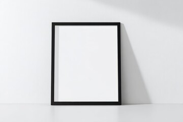 8x10 inch black picture frame mockup in landscape orientation, standing on white surface and leaning against a plain white wall, soft natural shadows, minimalist studio lighting