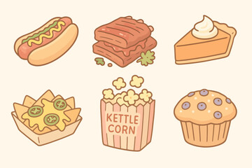 Colorful cartoon icons of American snacks and comfort food: hot dog, pumpkin pie, nachos, ribs, muffin, and kettle corn. Friendly soft aesthetic.