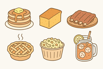 Cute hand-drawn cartoon icons of classic American food: pancakes, apple pie, ribs, cornbread, macaroni salad, and iced tea. Soft colors and friendly lines.