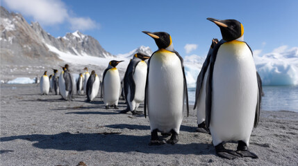 Fototapeta premium A panoramic view of king penguins scattered across a wide sandy beach, with icebergs floating in the background. 
